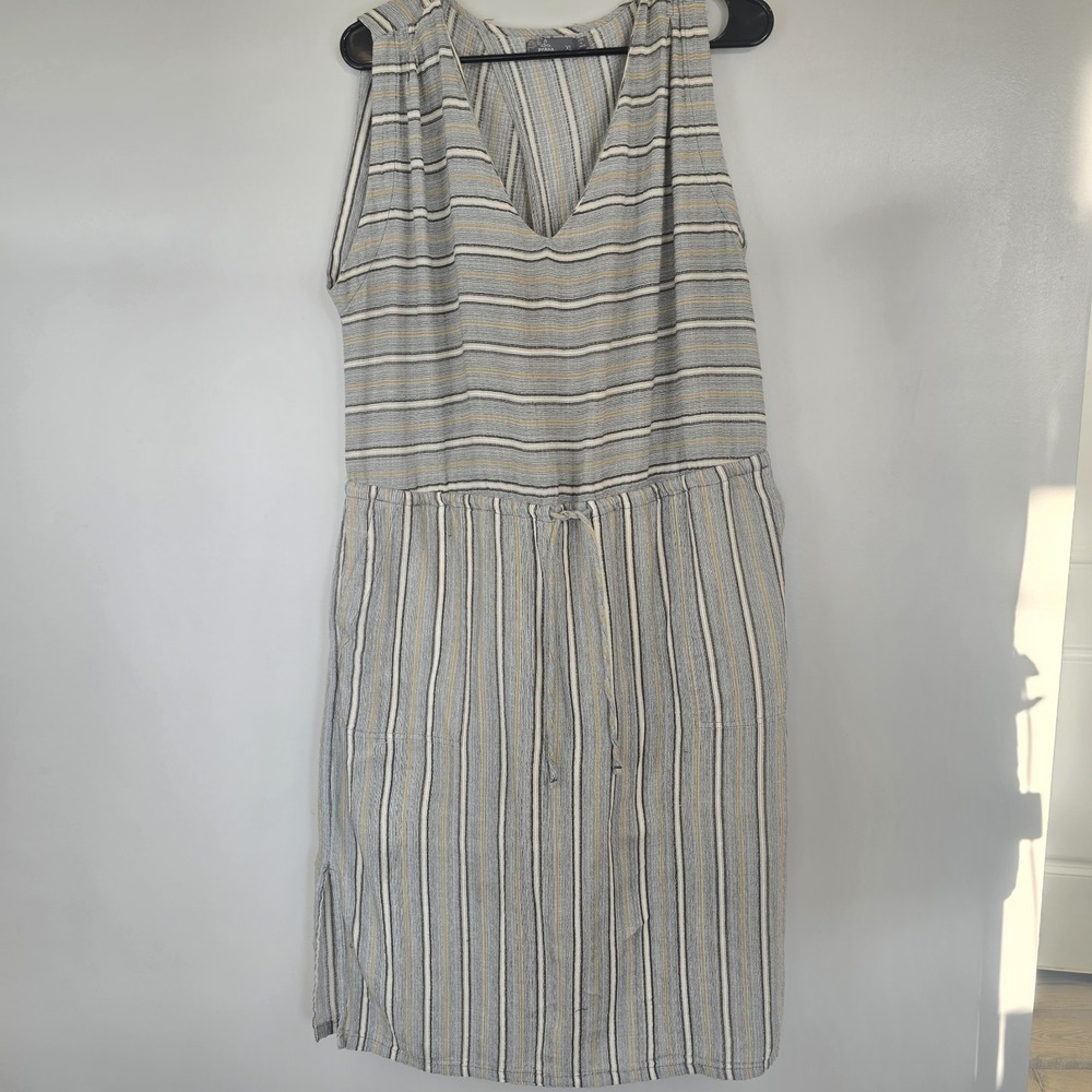 Prana Striped Strapless Linen Blend Dress in Cream, Blue & Gray